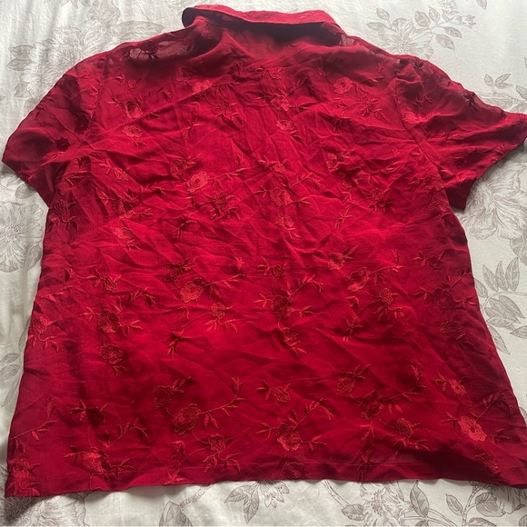 Vintage Red Floral Embroidered Sheer Button Down Shirt 90s Goth Vamp Fairy Boho - Picture 2 of 8